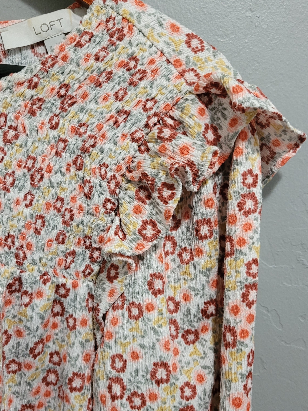 LOFT Cream Floral Smocked Ruffle Long-Sleeve Blouse - Picture 5 of 9